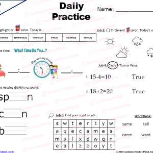 Daily Practice Diphthongs, Sight Words, Time, and Number Sentence