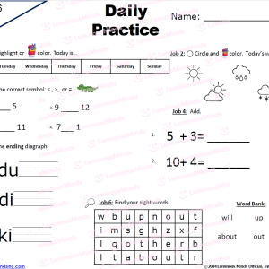 Daily Practice Ending Digraphs, Sight Words, Greater Than Less Than