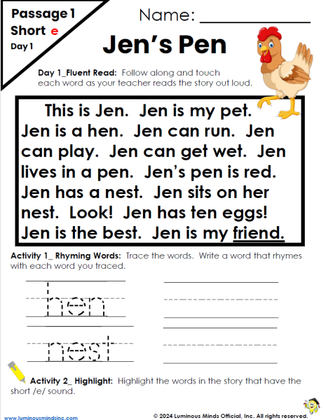 Decodable Passage Short E Jen's Pen