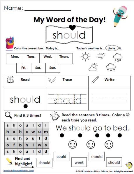 Sight Word Should Worksheet