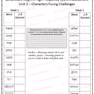 Benchmark-Aligned Second Grade High Frequency Words Sample Optional Assessment Unit 2