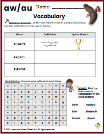 The diphthong aw au sound and vocabulary building