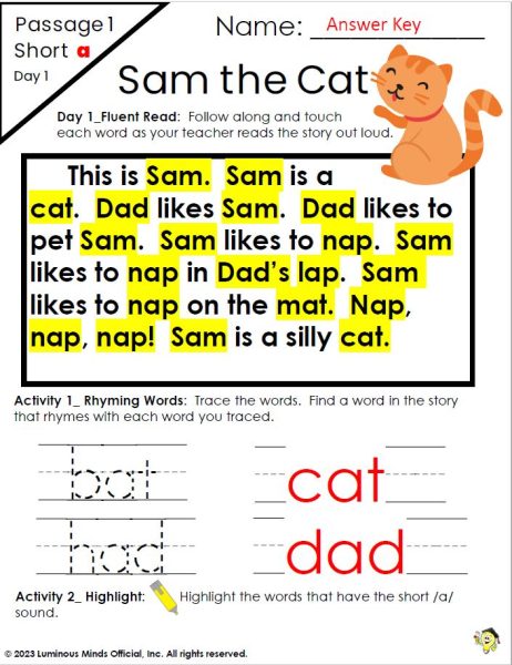 Decodable Passage and Text with Short A CVC Words