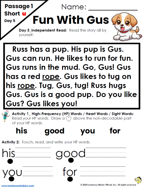 Fun with Gus Decodable Passage and Text Short U CVC