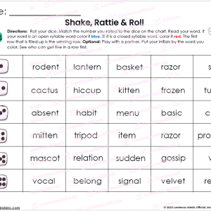 Open and Closed Syllable Reading Dice Literacy Center Game