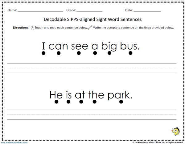 SIPPS Aligned Sight Word Decodable Sentence Reading and Writing Practice Extension Level Set 1