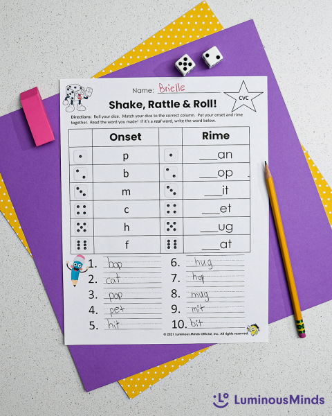 Literacy Center Station Science of Reading Aligned Dice Game Onset and Rime CVC