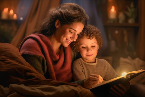 Young mother and son enjoying story time in a cozy, softly lit room.