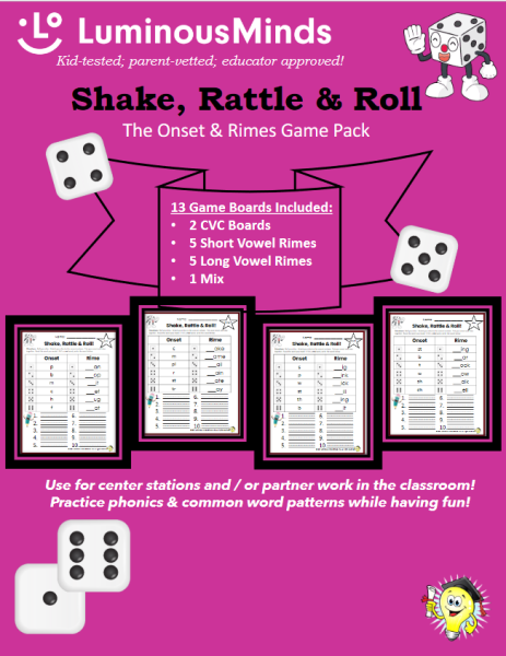 Shake, Rattle & Roll Onset and Rime Game Pack and Printable Worksheets