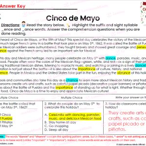 Second Third Grade Reading Comprehension & Test Prep with Suffix _ence and ance Practice Answer Key