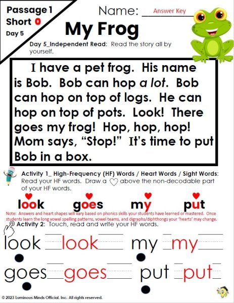 Decodable Text and Passage Short O Heart Words Sight Words