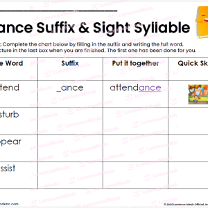 Student Worksheet and Word Building Practice with Base Words and Suffix and Sight Syllable _ance