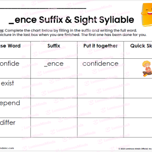 Student Worksheet and Word Building Practice with Base Words and Suffix and Sight Syllable _ence