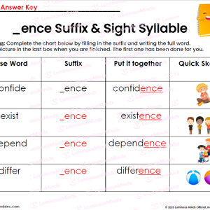 Student Worksheet and Word Building Practice with Base Words and Suffix and Sight Syllable _ence Answer Key