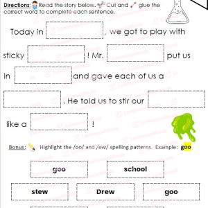Diphthong Decodable Text with the oo and ew Sound Reading Comprehension Cut Paste