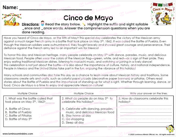 Reading Comprehension Worksheets - FREEBIE: Cinco De Mayo Reading ...