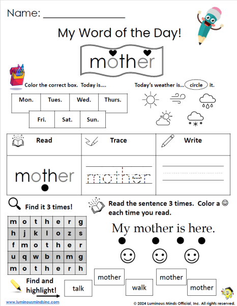My SIPPS Sight Word Mother Worksheet Extension Level