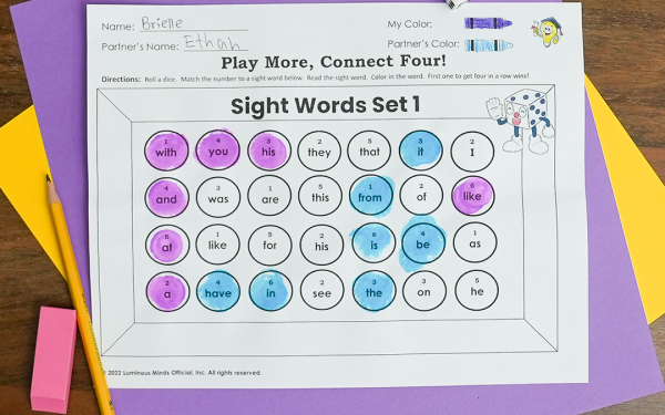 Play More, Connect Four Sight Word Center Station Game