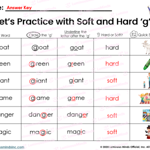 Hard G and Soft G Student Worksheet and Practice Page Answer Key Sample