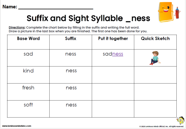 Word Study and Practice with Suffix _ness Student Worksheet 2 Word Building