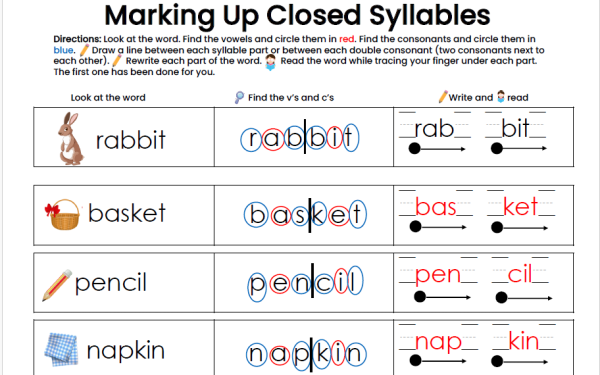 Marking Up Closed Syllables Student Worksheet and Practice Page Answer Key