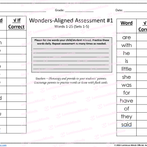 Wonders-Aligned Fluency Grids Kindergarten Teacher High Frequency Word Sight Word Assessment Sample Assessment 1