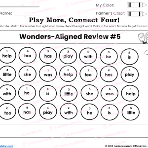 Wonders-Aligned Kinder Sight Word Review #5 Connect Four Game Board, Center Station Activity, Dice Game and Worksheet