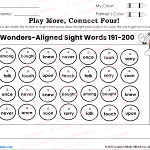 Wonders-Aligned Second Grade Sight Word Center Station, Partner and Reading Dice Games | Sight Words 191-200 Connect Four Game Board