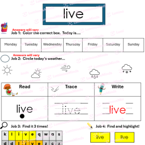 95 Phonics Core Program-Aligned High Frequency Words First Grade Student Worksheet Sample_Sight Word: Live Answer Key