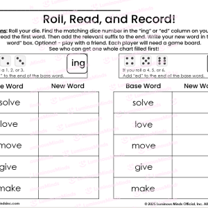 Word Study and Practice with Suffix and Inflectional Ending ing and ed Roll, Read and Record Student Worksheet Game