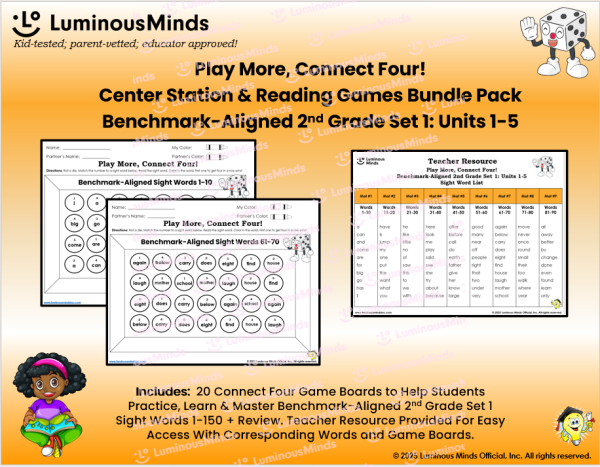 Benchmark-Aligned 2nd Grade Connect Four Center Station Reading Games Bundle Pack_Units 1-5, Sight Words 1-150 Cover Page