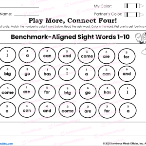 Benchmark-Aligned Second Grade Sight Words 1-10 Connect Four Game Board